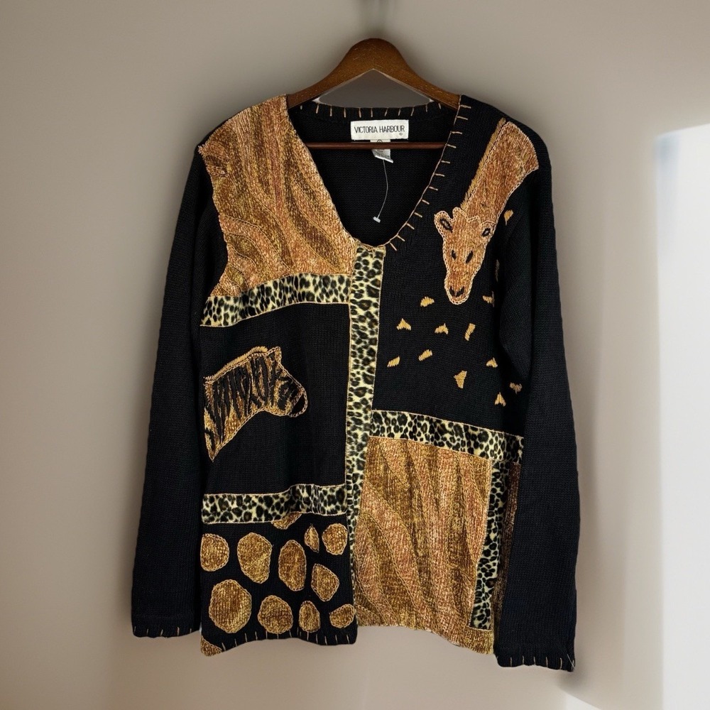 Vtg Sweater Oversize S Black Animal Print‎ Faux Fur Cotton/Ramie Zebra Giraffe